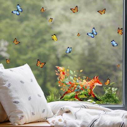 ورقتان ملصق حائط ثعلب أخضر نباتي ذاتي اللصق، ملصق نافذة زهور بذور الهندباء والأقحوان، مقاوم للماء، قابل للإزالة من الزجاج، ديكور حيوانات صيفية للغرفة المعيشية والنوم والحمام