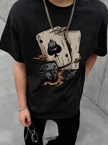 男童休闲扑克骰子英文字母印花圆领短袖T恤，夏季学生青少年服装 - 黑色 - 查看 2