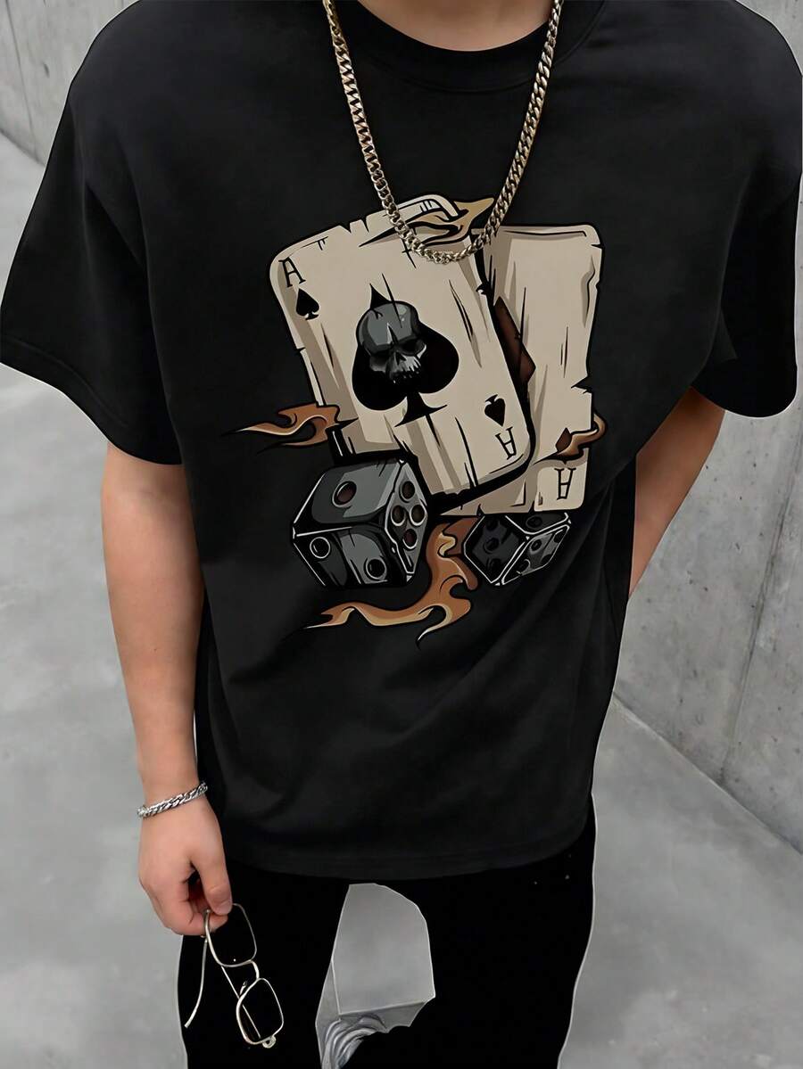 男童休闲扑克骰子英文字母印花圆领短袖T恤，夏季学生青少年服装 - 黑色 - 查看 1