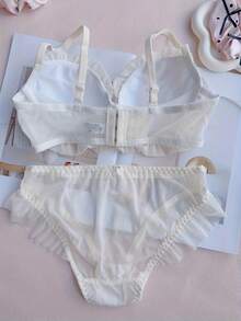 Embroidered Floral Bow Knot Bra And Panty Set For Women, Non Wired Fixed Padding Lingerie, Cute Japanese Style Everyday Intimates, Solve Unstable Pad Poor Support - Màu be - Xem 5