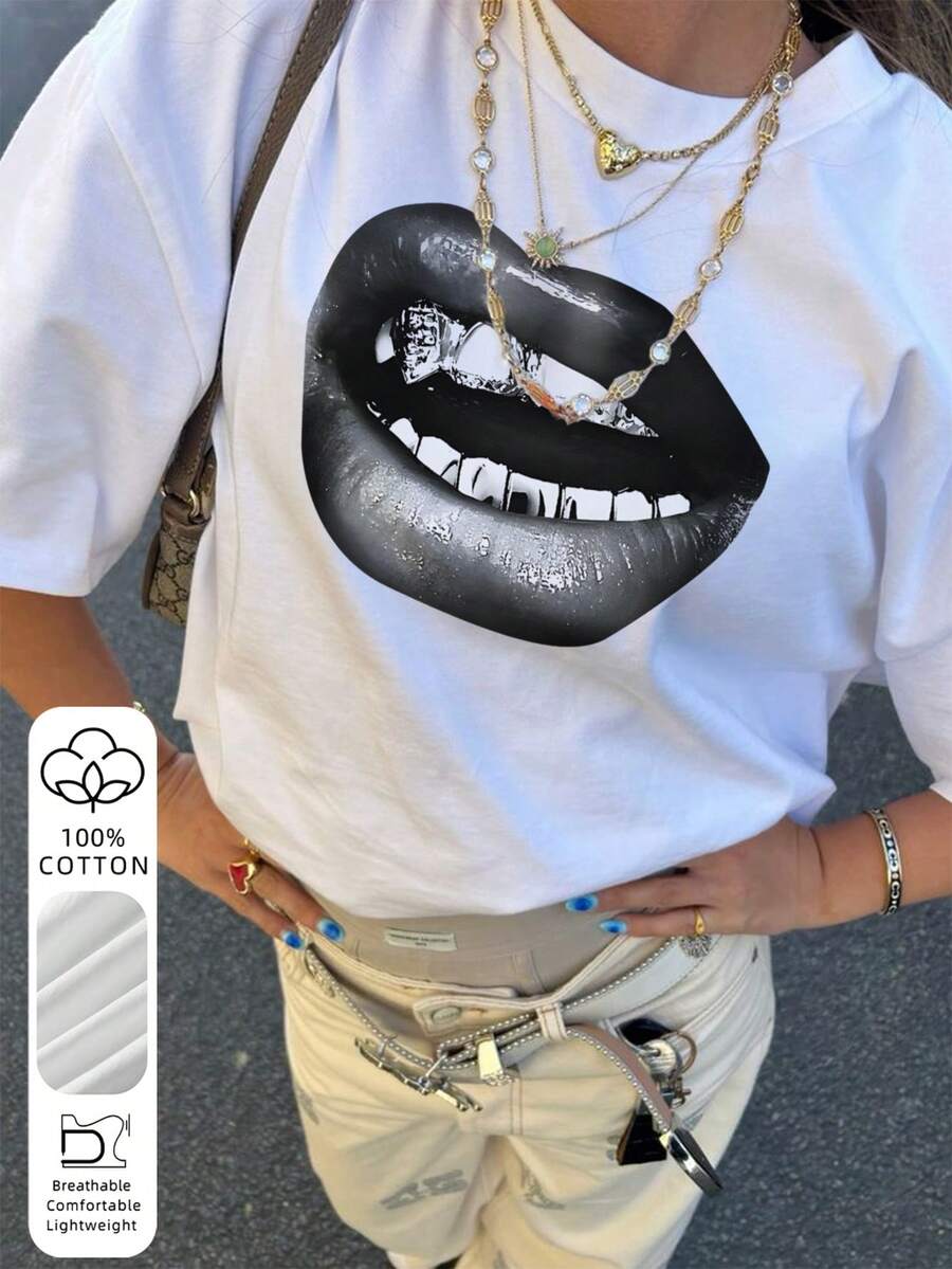 女士黑色唇印100%纯棉宽松T恤，柔软透气休闲上衣，Y2K朋克风短袖T恤，适合日常出行、音乐节、约会和都市休闲穿着，白色夏季款