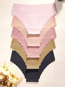 5pcs/Pack Women's Seamless Triangular Panties, Comfortable Silk-Like Fabric, Wavy Hem Solid Color Simple Ladies' Home Triangular Briefs - Multicolor - View 2