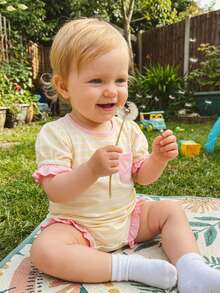 Mono de Bebé Niña a Rayas con Volantes, Manga Corta, Cuello Redondo, Ropa Casual de Verano y Primavera - Amarillo - Ver 4