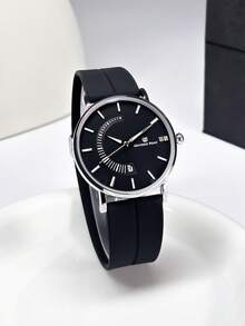 1pc Fashion Business Round Dial Men's Watch With Calendar Display, Silicone Strap And Magnetic Buckle, Suitable For Daily Wear And Great Gift Choice, No Packaging Included - Black - View 2