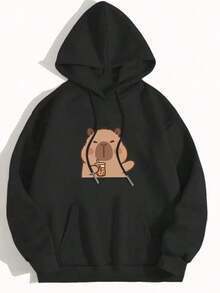 Kangaroo Sweatshirt With Cute Capybara Print, Comfortable Cotton Sweatshirt, New Fashion. - 黑色 - 查看 1