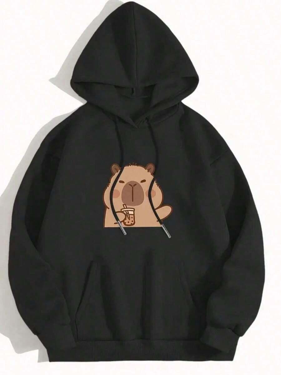 Kangaroo Sweatshirt With Cute Capybara Print, Comfortable Cotton Sweatshirt, New Fashion. - 黑色 - 查看 1