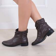 Women's Genuine Leather Boot With 3cm Low Heel And Side Zipper - 咖啡棕 - 查看 1
