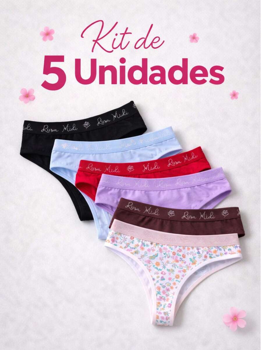 Kit 5 Calcinhas Fio Dental de Algodão Elástico Exposto - Multicolorido - Visão 1