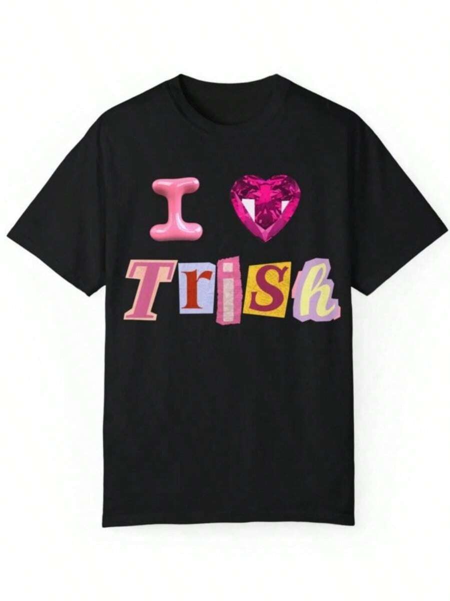 Men Vacation Outfits I Heart Trisha Paytas Letter Graphic T-Shirt Fashion Round Neck T-Shirt Women's Clothes Casual Tops Y2k Top Graphic - màu đen - Xem 1
