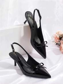 Women's Slingback Kitten Heel Pumps, Pointed Toe With Bow, 2.17" Low Heel – Comfortable Dress Shoes For All-Day Wear - màu đen - Xem 4