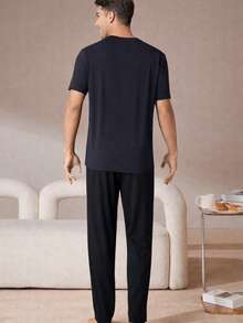 Men Cottonline Relaxed Good Quality Round Neck Long Sleeve And Pants Regular Loungewear Set - Navy Blue - View 2