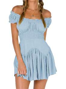 Women Summer Short Dress Solid Color Ruched Bust Boat Neck Off Shoulder Puff Sleeve A-Line One Piece For Ladies - Blue - View 4