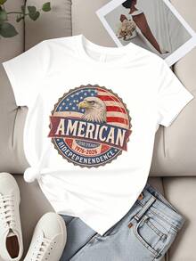 Camiseta de Manga Corta con Estampado de la Bandera del Águila para el 250 Aniversario del Día de la Independencia Americana, Ropa Casual Patriótica para Mujer - Blanco - Ver 3
