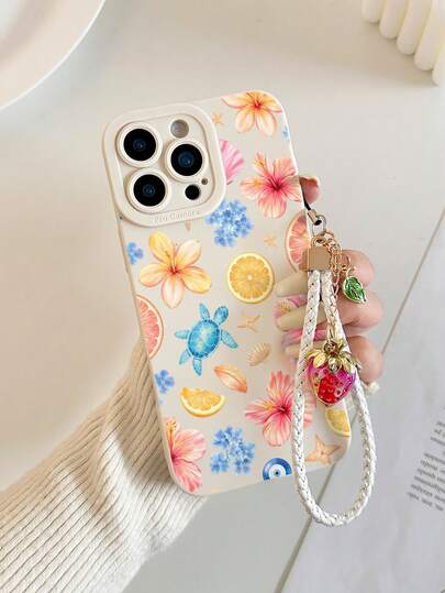 Floral Painted Perforated Beige Bracelet Strap, Minimalist Creative Shockproof Phone Case Compatible With IPhone 17/17Pro/17ProMax, 16/11/16Pro/16Plus/16ProMax/16e, 15ProMax, 13/14/12/XS/XR/7G/8P, Galaxy S25/S25Plus/S25 Ultra, A16/A36/A26/A56/A50/A12/A32, S26/S26Plus