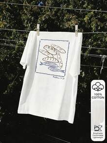 法式长棍面包和鱼图案 100% 纯棉短袖休闲T恤，女士款，面料柔软，印花T恤，夏季上衣，度假装扮，沙滩风，简约风格 - 白色 - 查看 4