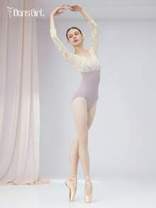 DonsGirl Women's One-Piece 3/4 Sleeve Lace Patchwork Ballet Leotard Performance Outfit Spring - Lilac Purple - View 9