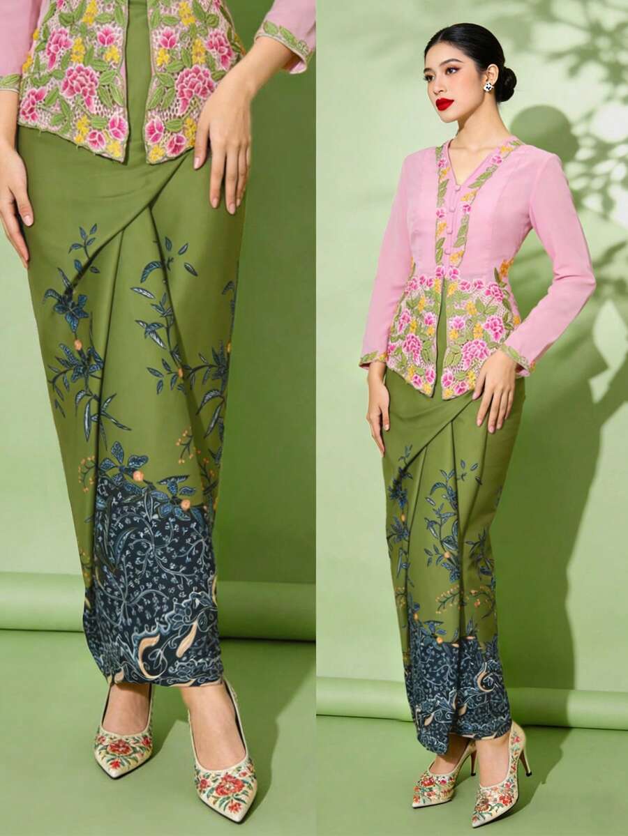 1pc Floral Print Elegant Nyonya Kebaya Skirt For Women, Green Skirt (Top Not Included), Spring/Summer