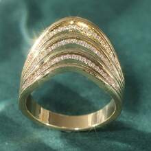Luxury Copper Material, Wide Surface, Multi-Line Design, Wavy Design, Inlaid Synthetic Zirconia, Specially Designed Women's Ring - Gold - View 4