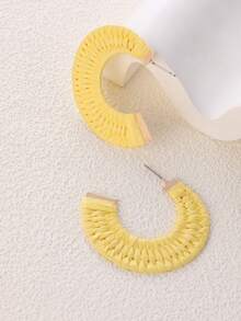 1 Pair New Exaggerated INS Style Raffia Woven C-Shaped Yellow Retro Elegant Hoop Earrings, Suitable For Women's Spring/Summer Vacation, Gatherings, And As Gifts - Yellow - View 3