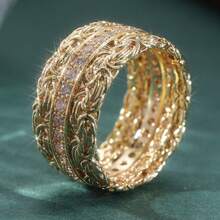 Nhẫn đồng bản rộng sang trọng, đính đá Cubic Zirconia trắng tổng hợp, thích hợp cho nữ giới đeo trong lễ đính hôn và đám cưới. - Vàng - Xem 8
