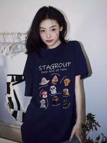 休闲宽松双面卡通动物印花T恤，轻便百搭，适合女性通勤穿着，春夏款 - 藏蓝色 - 查看 5