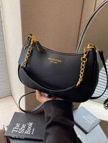 2025 New Fashion Classic Versatile Letter Graphic Design Solid Color PU Leather Crescent Shoulder/Underarm Bag, Y2K Shoulder/Underarm Bag, Suitable For Shopping, Can Be Worn Crossbody - 黑色 - 查看 5