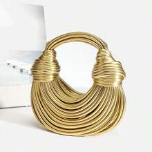 Popular Personalized Woven Handmade Bends And Hitches Packs Ramen Dumplings Clouds Women Hand-Carrying Crossbody Bag,Chic Circular Woven Handle Bag - Metallic Gold Finish, Stylish Party Accessory Hand-Woven Bread Women's Clutch Top Handle Satchel Shoulder Crossbody Creative Noodles Purses Underarm Bag Handbag - 金色 - 查看 2