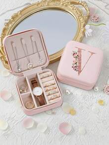 Elegant Mini Travel Case For Women & Mom, Stylish Floral Initial Pink Organizer, Compact Storage Box For Earrings & Rings. Ideal Gift For Honeymoon, Birthday, Anniversary, Travel & Outdoor Use,Back To School Season Jewelry Storage - Multicolor - View 24