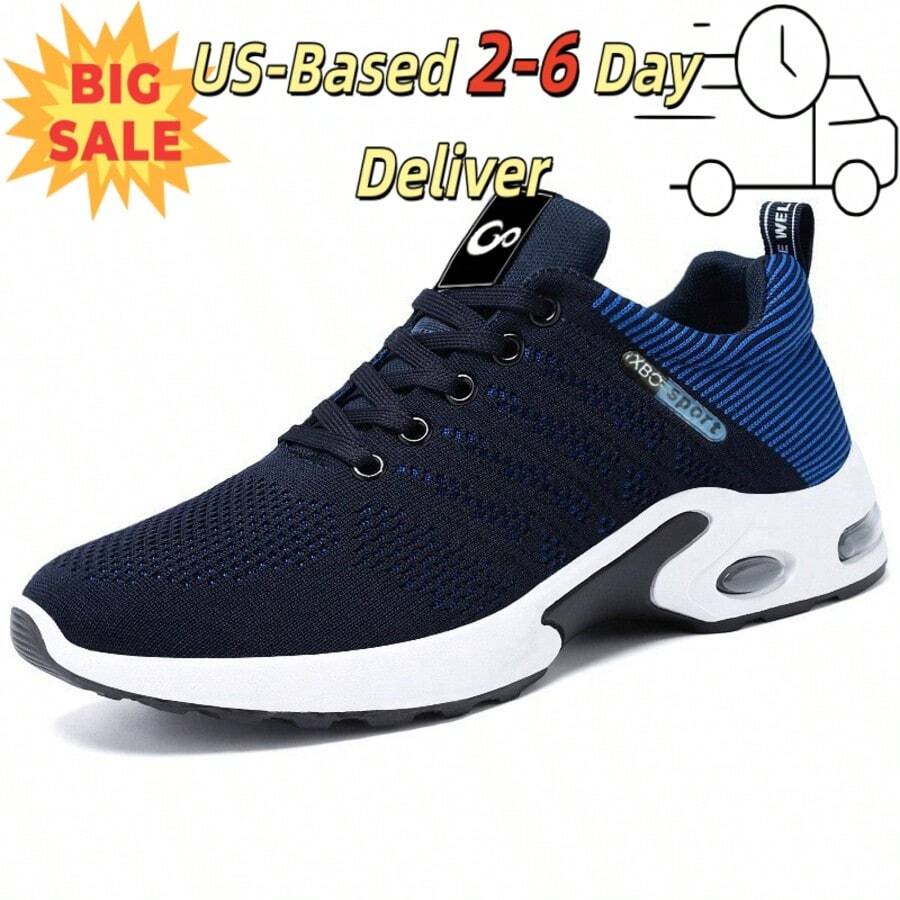 Men's Lightweight Athletic Shoes: Breathable Air Cushion Running Sneakers With Non-Slip Sole & Lace-Up Closure | Durable Abrasion-Resistant Gym Shoes For Jogging, Workouts & Fitness Training | Comfortable Walking Shoes For Active Men.Tenis Para Hombre,Zapatillas De Hombre,Blue Shoes.Navy Blue Shoes. - Màu xanh lam - Xem 1