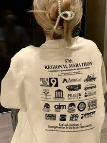 休闲宽松双面字母印花T恤，轻便百搭，适合女性通勤穿着，春夏款 - 杏色 - 查看 5