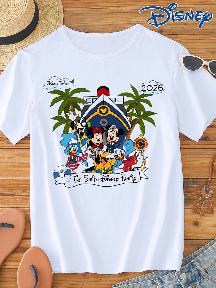 Disney 2026 Mickey Mouse, Minnie Mouse, Donald Duck, Daisy Duck Cartoon Print Short Sleeve T-Shirt, Crew Neck, Stretchy, Suitable For Daily Wear, Easy Care Material, Fashionable Casual Men's T-Shirt - White - View 1