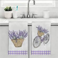 MEMNUN 2条紫色格子薰衣草篮子自行车印花厨房毛巾，可作洗碗巾、手巾、抹布，尺寸为15.75*23.62英寸（40*60厘米），超柔软吸水超细纤维布，厨房配件，可机洗，适用于餐厅、厨房、节日装饰和礼品，四季皆宜。 - 彩色 - 查看 10