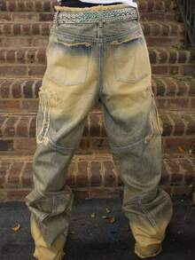 男士做旧宽松阔腿牛仔裤，宽松嘻哈直筒牛仔裤 - 銅色 - 查看 2