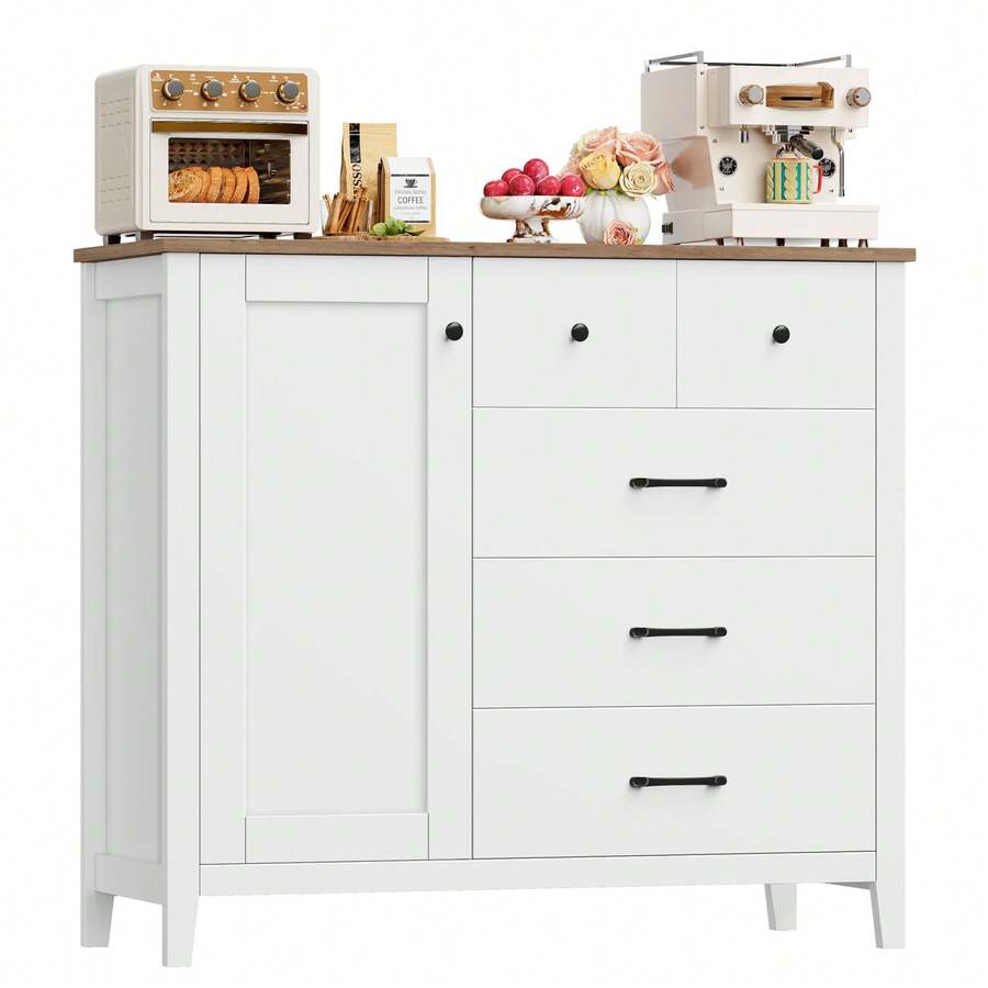 Sideboard, Kitchen Cabinets With 5 Drawers, Wooden Storage Cupboard Cabinet For Kitchen - White - View 1