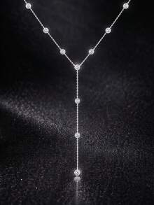 FOREVER QUEEN 1PC Sterling Silver 925 Laiat Necklace, Solitaire Lariat Y Drop Necklace, Gold Tie Lariat Necklace, Sterling Silver Y Laiat Necklace Cubic Zirconia - Y - View 3