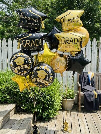 10pcs/Set Graduation Party Decoration Balloon Set, Giant Double-Layer Graduation Cap Shaped Foil Balloons (Black And Gold), 18" Graduation Happy Slogan Round Foil Balloons, 18" Gold And Black Star Balloons, Suitable For Class Of 2026 Graduation Party Decorations