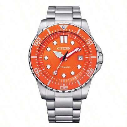 CITIZEN AquaMechanical Fashion Mechanical Movement Stainless Steel Strap Japanese Style Men's Watch, Orange Dial NJ0128-80X