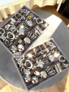 Bộ nhẫn điều chỉnh được, kiểu dáng cổ điển thanh lịch, retro, bất đối xứng, hình học, đường nét nổi bật, cong, chất liệu dày dặn, phong cách Bohemian dành cho nam và nữ, món quà lý tưởng cho bạn bè, gia đình, người yêu, phù hợp cho các bữa tiệc, ngày lễ, đeo hàng ngày (Giao hàng ngẫu nhiên) - Bạc - Xem 1