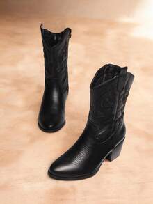 Botas Vaqueras Bordadas para Mujer, Cowboy Boots de Media Pantorrilla para Dama con Punta Redonda - Negro - Ver 3