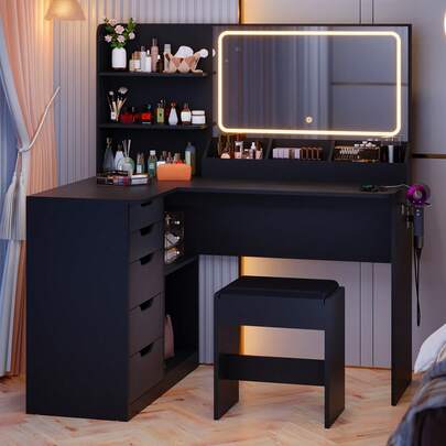  Devoko Corner Dressing Table L-Shape With Mirror, LED Lighting 3 Brightness Levels, Stool, 5 Drawers, Socket And Hairdryer Holder, White/Black