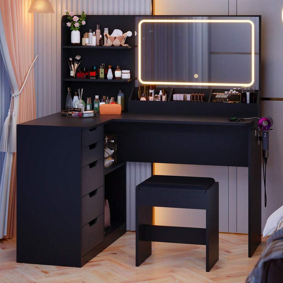 Devoko Corner Dressing Table L-Shape With Mirror, LED Lighting 3 Brightness Levels, Stool, 5 Drawers, Socket And Hairdryer Holder, White/Black - 查看 1