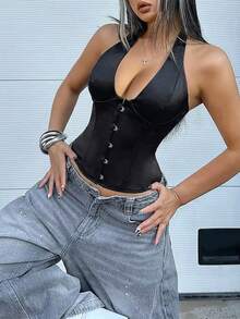 Top corto tipo bustier de satén, con cierre frontal de gancho, diseño sin espalda con lazo, con aros para dar forma, adecuado para el Día de San Valentín, festivales de música, verano negro - Negro - Ver 4