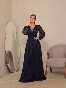 Elegant Women's Long Dress With Long Sleeves And Pleats, Suitable For Bridesmaids, Bridesmaids, Mothers Of The Bride, Groomsmen, Weddings, Graduations, And Evangelical Fashion. - 藏蓝色 - 查看 1