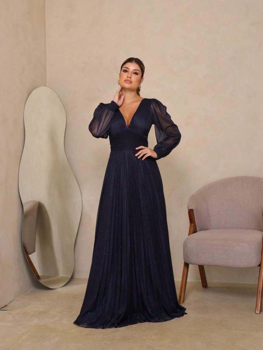 Elegant Women's Long Dress With Long Sleeves And Pleats, Suitable For Bridesmaids, Bridesmaids, Mothers Of The Bride, Groomsmen, Weddings, Graduations, And Evangelical Fashion. - 藏蓝色 - 查看 1