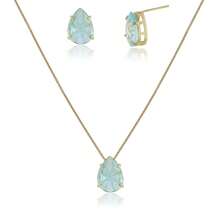 Women's Gold-Plated Costume Jewelry Set: Earrings, Necklace, And Teardrop Stone Pendant, 18k Gold Plated - 淺藍色 - 查看 1
