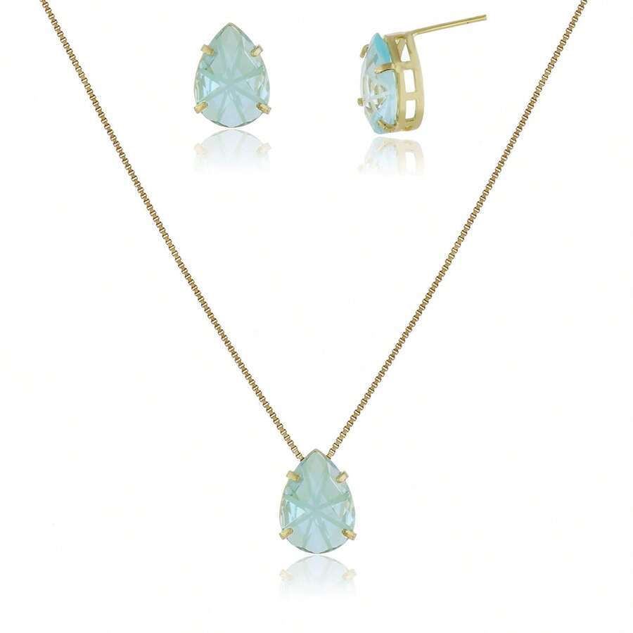 Women's Gold-Plated Costume Jewelry Set: Earrings, Necklace, And Teardrop Stone Pendant, 18k Gold Plated - 淺藍色 - 查看 1