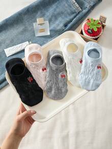 5 Pairs Women's Sweet Embroidered Bow & Strawberry Minimalist Invisible Liner Socks, Suitable For All Seasons - Multicolor - View 5