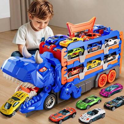 Dinosaur Track Cars Toys For Boys, Transforms Into Dino Truck With 12 Cars, Transporter Truck Toys, Race Track For Toddlers 3-5, Kids Birthday Gifts 3 4 5 6 Years Old Local Warehouse Daily Prize Claim