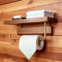 Modern Luxury Wooden Toilet Paper Holder With Storage Shelf, Gold Metal Hook, Wall-Mounted Bathroom Tissue Roll Dispenser - C-Gold - View 6