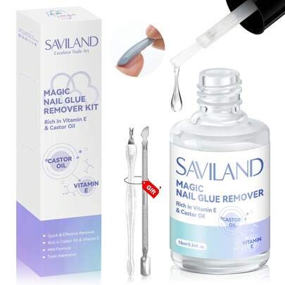  Dung dịch tẩy keo dán móng Saviland nhanh chóng, tẩy keo gel cho móng giả, móng acrylic, không cần lau, kèm dụng cụ đẩy biểu bì và nĩa làm móng. Bộ chăm sóc móng tại nhà, chứa dầu thầu dầu và vitamin E, tự làm tại salon.